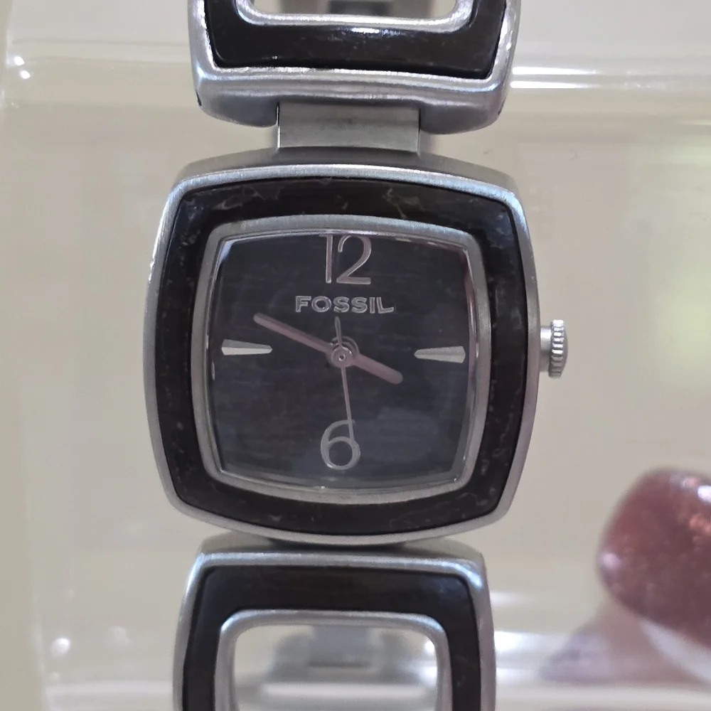 Fossil WOODGIRL Square Face Brushed Stainless Steel Wood Detail Wrist Watch